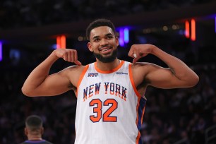 Karl-Anthony Towns reacts during the Knicks-Bucks game on Jan. 12, 2025. 