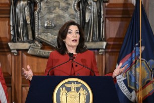 New York Governor Kathy Hochul presenting the 2026 fiscal year executive state budget of $252 billion at state Capitol's Red Room