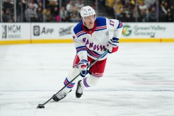 Will Borgen #17 of the New York Rangers skates during the second period against the Vegas Golden Knights at T-Mobile Arena on January 11, 2025 in Las Vegas, Nevada. 