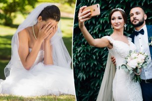 (Left) An upset bride on her wedding day. (Right) Newlyweds taking a selfie after tying the knot.