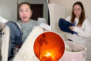 A woman holding an evacuation bag, preparing for wildfires, as featured in a TikTok video