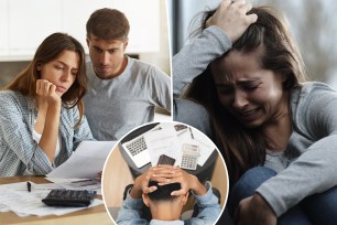 (Left) A couple reviewing their finances. (Right) A distressed young woman. (Inset) Upset man reviewing his finances.