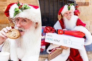 Mike Tindall of Memphis, TN plays Santa Claus and shows off his new bionic arm.