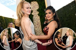 Nicole Kidman and Salma Hayek during the 82nd Annual Golden Globes held at The Beverly Hilton on Jan,. 5, 2025, in Beverly Hills.