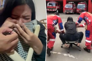 An office worker had to be rescued by a whole squad of firefighters after getting her nose ring impossibly caught in a rolling office chair.