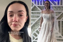 (Left) Alexis Saya, crying on her wedding day, from TikTok. (Right) Saya in her wedding dress.