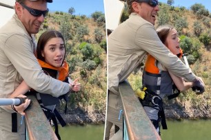 A bungee jumping instructor in Spain made social media users hopping mad after pushing a terrified woman off a bridge despite her screaming and hanging onto the railing.