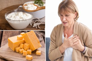 A bowl of low-fat cottage cheese. A block of cubed cheddar. An elderly woman grasps her chest in pain.