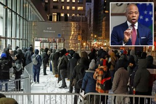 Migrant families, men and women stand in line at 26 Federal Plaza in Manhattan with documents in hand to see if they can stay in the United States.