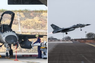 A jet plane flying over a runway with Cao Yuan