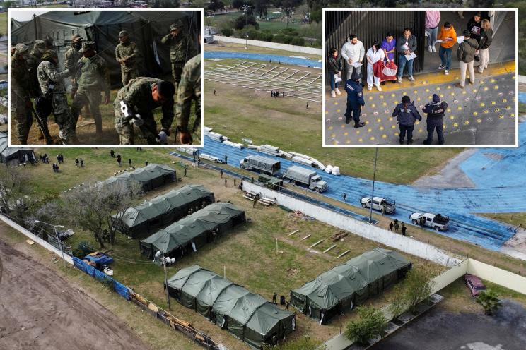 A group of people in military uniforms, tents set up in Mexico, and Mexican immigration officials and police receiving deportees in Nogales, Arizona on January 22, 2025