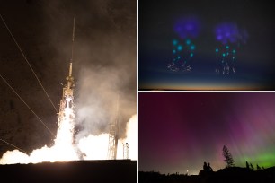 A rocket launching into the night sky