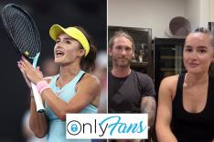 Collage of tennis player Arina Rodionova holding a racket with Tyrone Vickery in the background