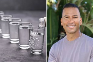 Clear liquor being poured into shot glasses (left) and a celebrity nutritionist (right)