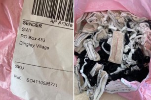 Close up image of an unsolicited parcel in a pink bag containing random items such as bits of fabric, part of a scam known as 'brushing'