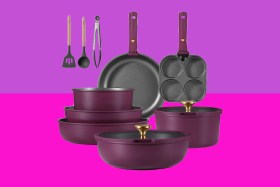 A group of purple pans and utensils