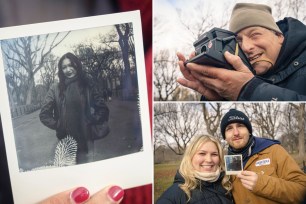 Collage of people taking pictures in Central Park, including BRIAN FASS, known as the viral Polaroid guy