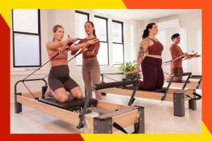 A group of women, including celebrities Nathalie Cox, Lori Beth Denberg, and David Sakurai, in a room with a reformer