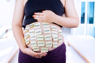 Close up of pregnant belly with baby names on post-it