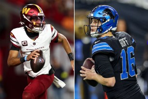 Jayden Daniels and Jared Goff in football uniforms