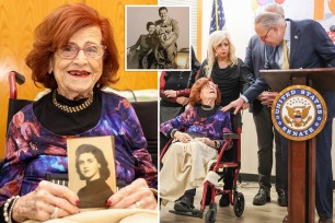 A collage of a woman, possibly Maria Altmann or other celebrities, holding a picture