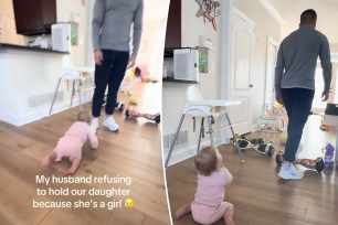 Disturbed father turning and walking away from his crawling baby girl, leaving her in tears