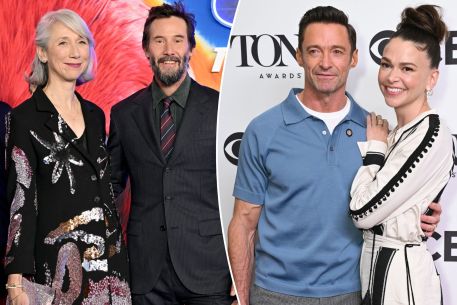 Celebrities Keanu Reeves, Alexandra Grant, Hugh Jackman, and Sutton Foster in a collage