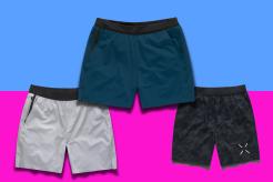 A group of shorts displayed on a pink background