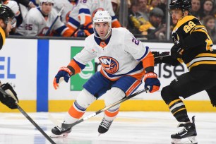 Kyle Palmieri of the New York Islanders skates against the Boston Bruins on January 5, 2025, at the TD Garden in Boston, Massachusetts.