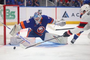 Marcus Hogberg makes a save during the second period of the Islanders' loss to the Hurricanes.