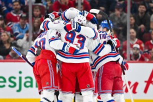 Rangers players celebrate during their loss to the Canadiens on Jan. 19, 2025. 