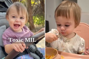 Collage image of a baby eating with Hannah Ferguson overlay, related to a TikTok story about a mother-in-law cutting her granddaughter's hair