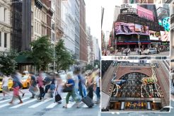 A group of people crossing a street in a retail area in NYC.