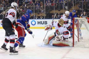 Will Cuylle (50) scores a goal during the third period of the Rangers' 5-0 blowout win over the Senators on Jan. 21, 2025.