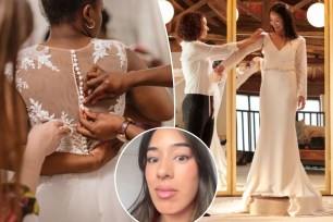 Brides trying on wedding dresses