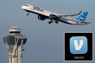 A jet plane flying in the air and Venmo logo