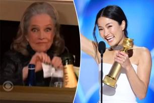 Kathy Bates tearing up a speech while Anna Sawai wins Best Performance by a Female Actor in a Television Series - Drama during the 82nd Annual Golden Globes