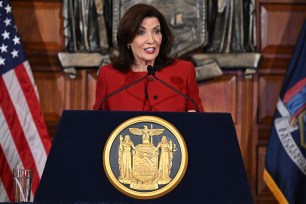 New York Gov. Kathy Hochul, presents her 2026 executive state budget in the Red Room at the state Capitol Tuesday, Jan. 21, 2025, in Albany, N.Y.