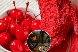 A bowl of cherries with Red Dye, child with sugary cake and red dye powder