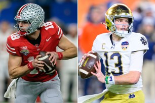 A collage of football players, featuring Riley Leonard and Will Howard, from Ohio State and Notre Dame teams