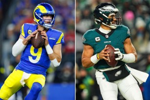 Matthew Stafford and Jalen Hurts holding footballs during a Rams vs Eagles game