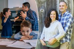 Collage featuring a stock image of parents arguing on the left, and on the right, Locke Haman and his wife Ashley, who gained internet fame for a video on parenting safe words.