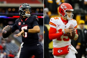 CJ Stroud and Patrick Mahomes in their football uniforms during a Texans-Chiefs game