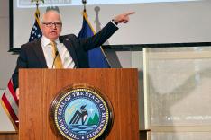 Minnesota Gov. Tim Walz briefs reporters on his budget proposal, on Thursday, Jan. 16, 2025, in St. Paul, Minnesota, which would require approval from a deeply divided legislature.