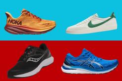 Four different men's sneakers on a dual colored background.