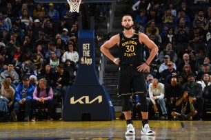 Stephen Curry #30 of the Golden State Warriors looks on during the game against the Boston Celtics on January 20, 2025 at Chase Center in San Francisco, California.