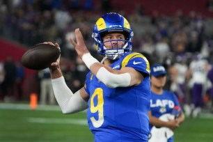 Los Angeles Rams quarterback Matthew Stafford (9) throws before an NFL wild card playoff football game against the Minnesota Vikings, Monday, Jan. 13, 2025, in Glendale, Ariz.