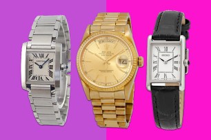 A group of watches displayed on a vivid purple and pink background